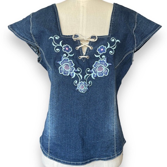 Vintage Tops - Vintage Y2K Denim Embroidered Flower Corset Tie Front Cap Sleeve Top Size Medium